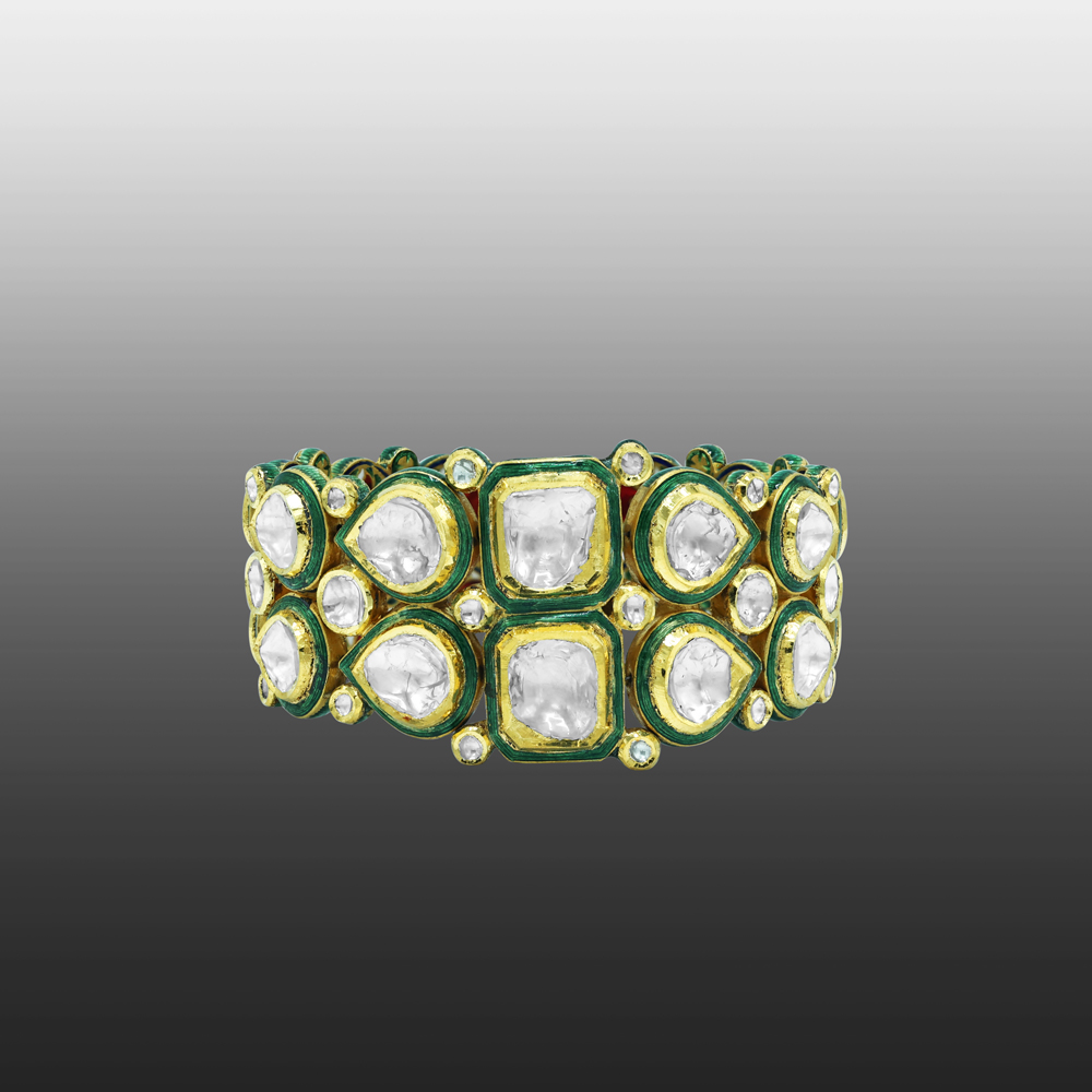 Polki Diamond Bracelet with Green Enamel Teardrop Motifs